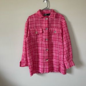 zara pink plaid tweed shacket